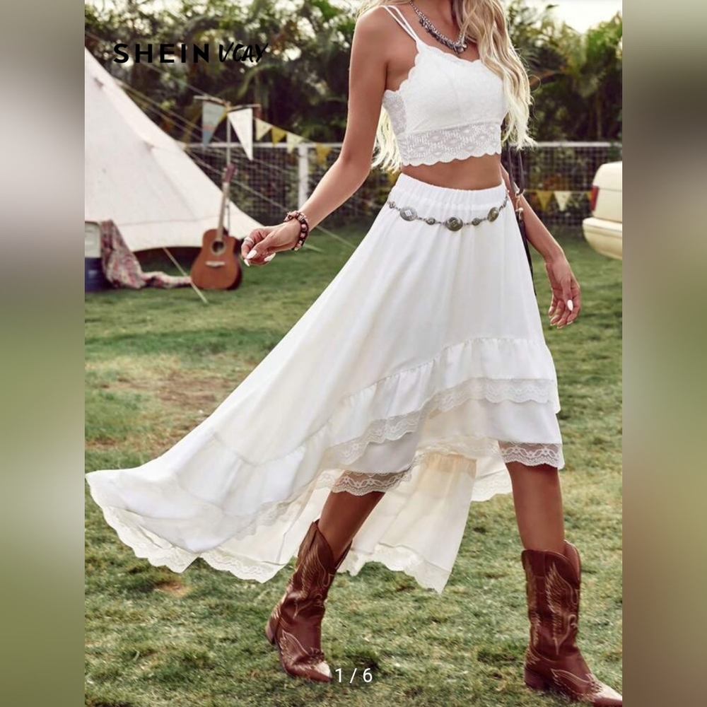 Shein White Lace High-Low Ruffle Skirt - Picture 2 of 3